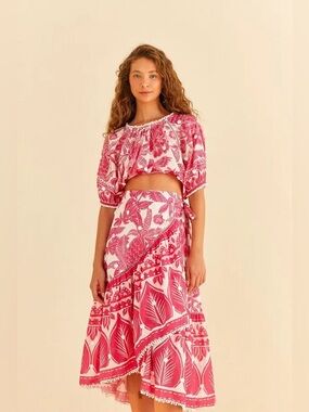 Farm Rio Pink Tropical Woodcut Midi Wrap Skirt Size Small